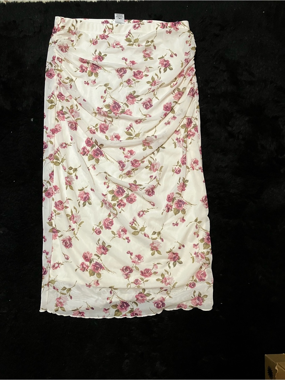 Floral Cream Midi Skirt with Pink Rose Print